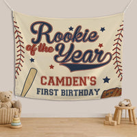 Custom Rookie of the Year Baseball Silk Banner for Baby Boy's 1st Birthday Party, Personalized Name Backdrop for Milestone Celebration