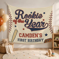 Custom Rookie of the Year Baseball Silk Banner for Baby Boy's 1st Birthday Party, Personalized Name Backdrop for Milestone Celebration