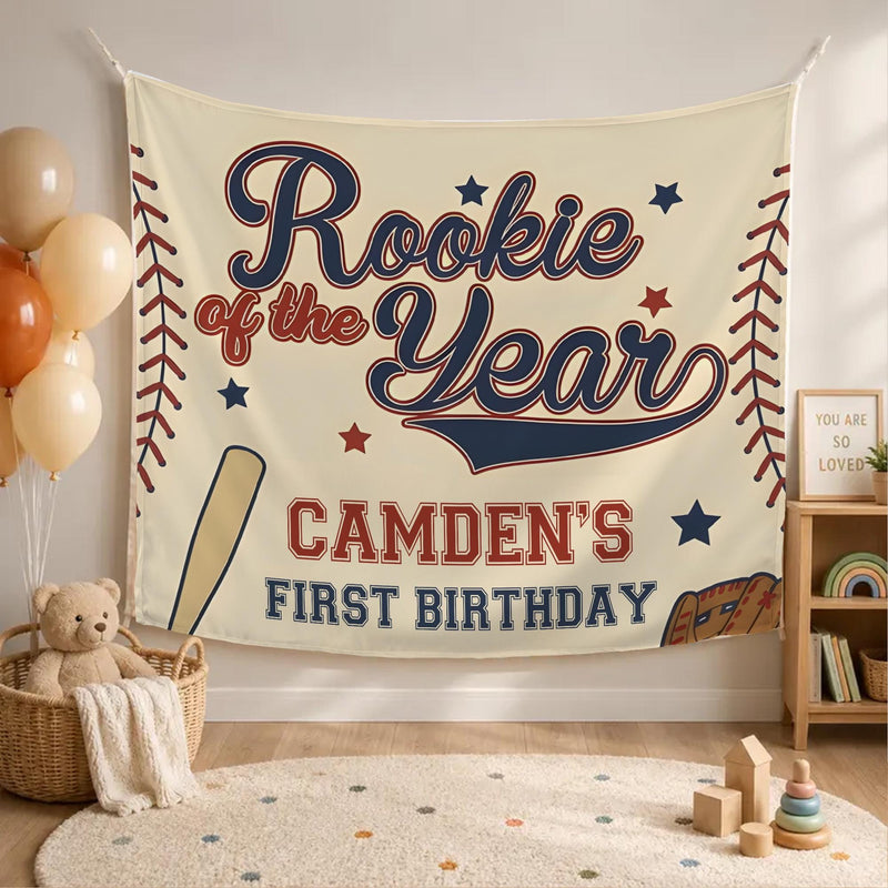 Custom Rookie of the Year Baseball Silk Banner for Baby Boy's 1st Birthday Party, Personalized Name Backdrop for Milestone Celebration