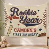 Custom Rookie of the Year Baseball Silk Banner for Baby Boy's 1st Birthday Party, Personalized Name Backdrop for Milestone Celebration
