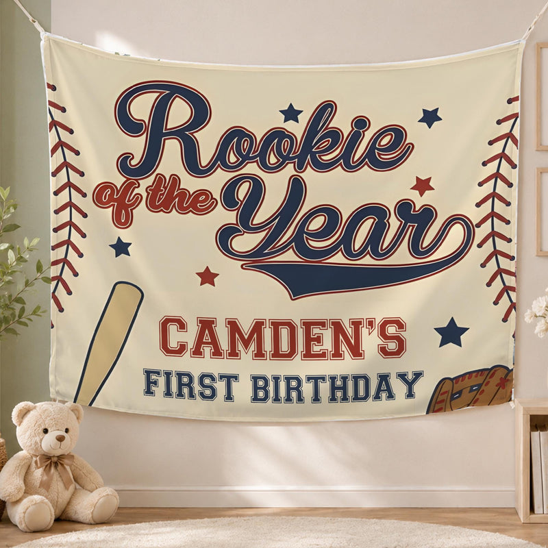 Custom Rookie of the Year Baseball Silk Banner for Baby Boy's 1st Birthday Party, Personalized Name Backdrop for Milestone Celebration