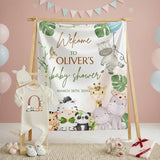Custom Safari Baby Shower Silk Banner and Infant Bodysuit Set with Jungle Animal Artwork, Ideal for Newborns and Special Celebrations