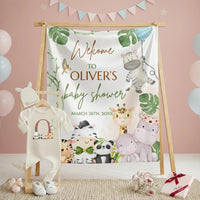 Custom Safari Baby Shower Silk Banner and Infant Bodysuit Set with Jungle Animal Artwork, Ideal for Newborns and Special Celebrations