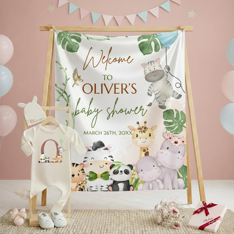 Custom Safari Baby Shower Silk Banner and Infant Bodysuit Set with Jungle Animal Artwork, Ideal for Newborns and Special Celebrations