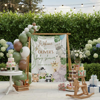 Custom Safari Baby Shower Silk Banner and Infant Bodysuit Set with Jungle Animal Artwork, Ideal for Newborns and Special Celebrations
