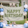 Custom Sage Green Gingham Happy Birthday Silk Banner with Neutral Decor, Add Name or Age for Baby, Toddler, or Kids Party Backdrop
