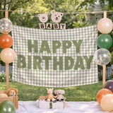 Custom Sage Green Gingham Happy Birthday Silk Banner with Neutral Decor, Add Name or Age for Baby, Toddler, or Kids Party Backdrop