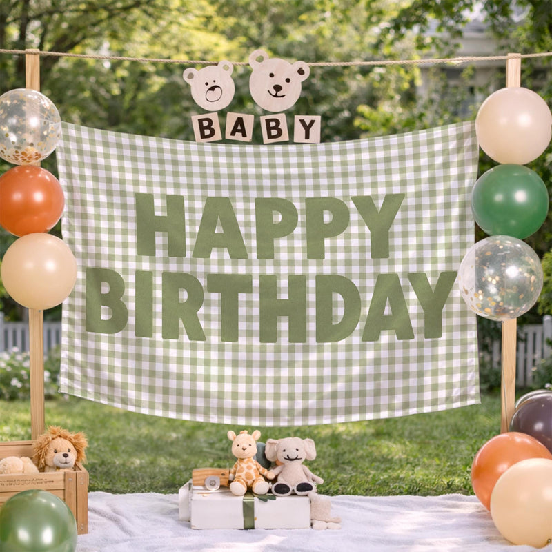 Custom Sage Green Gingham Happy Birthday Silk Banner with Neutral Decor, Add Name or Age for Baby, Toddler, or Kids Party Backdrop
