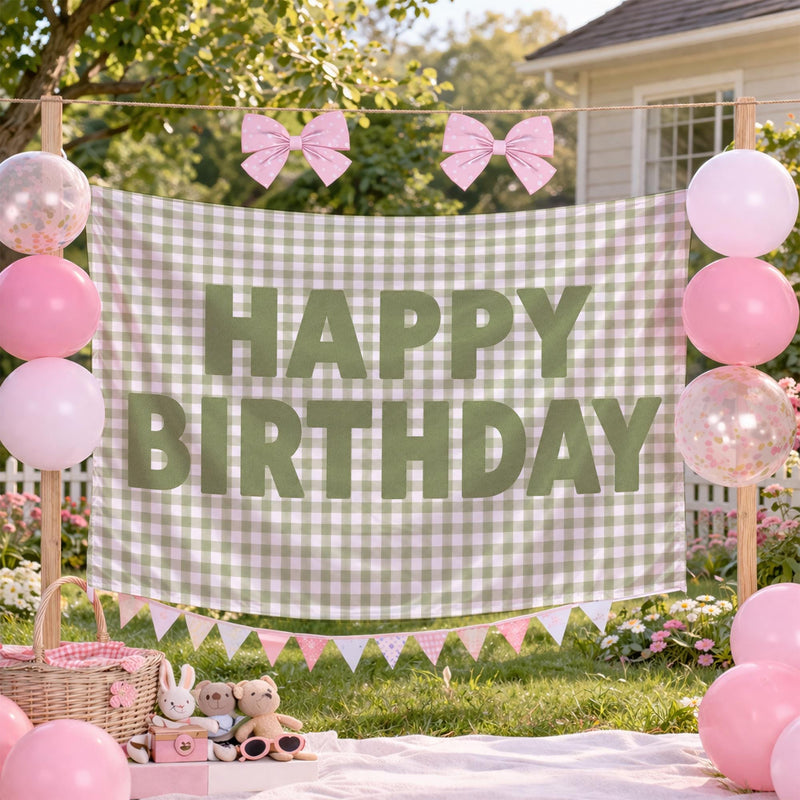 Custom Sage Green Gingham Happy Birthday Silk Banner with Neutral Decor, Add Name or Age for Baby, Toddler, or Kids Party Backdrop