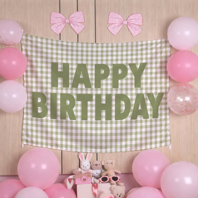 Custom Sage Green Gingham Happy Birthday Silk Banner with Neutral Decor, Add Name or Age for Baby, Toddler, or Kids Party Backdrop