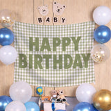 Custom Sage Green Gingham Happy Birthday Silk Banner with Neutral Decor, Add Name or Age for Baby, Toddler, or Kids Party Backdrop