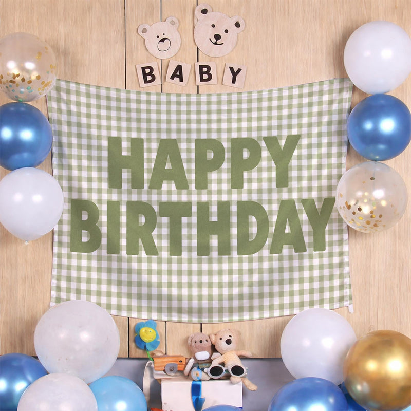 Custom Sage Green Gingham Happy Birthday Silk Banner with Neutral Decor, Add Name or Age for Baby, Toddler, or Kids Party Backdrop