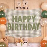 Custom Sage Green Gingham Happy Birthday Silk Banner with Neutral Decor, Add Name or Age for Baby, Toddler, or Kids Party Backdrop