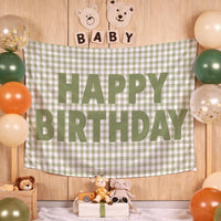 Custom Sage Green Gingham Happy Birthday Silk Banner with Neutral Decor, Add Name or Age for Baby, Toddler, or Kids Party Backdrop