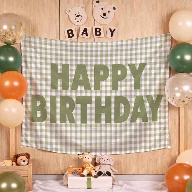 Custom Sage Green Gingham Happy Birthday Silk Banner with Neutral Decor, Add Name or Age for Baby, Toddler, or Kids Party Backdrop