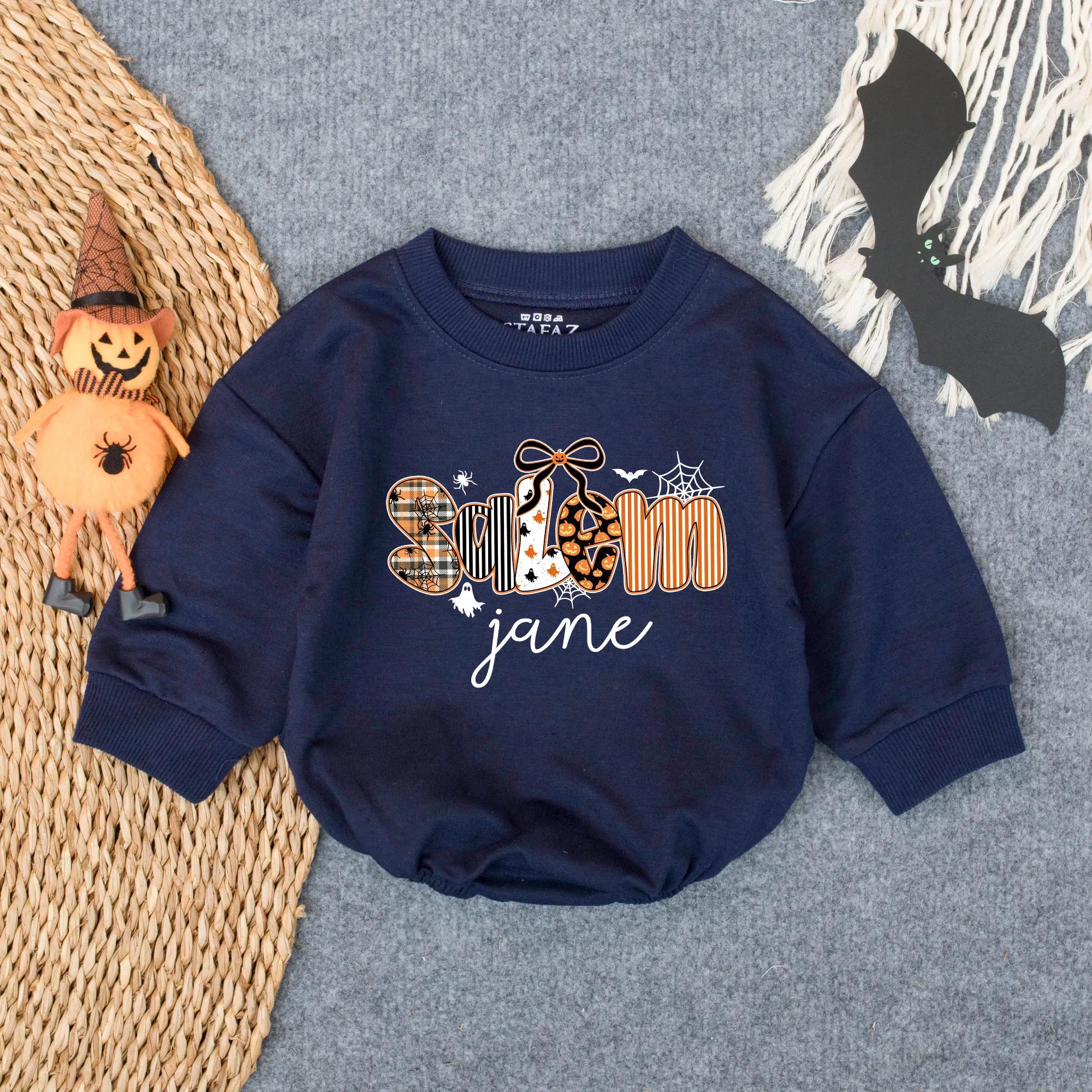 Custom Salem Halloween Romper Baby Girl Outfit with Bats and Spider Webs Toddler Spooky Season Costume Orange Plaid Polka Dots Leopard