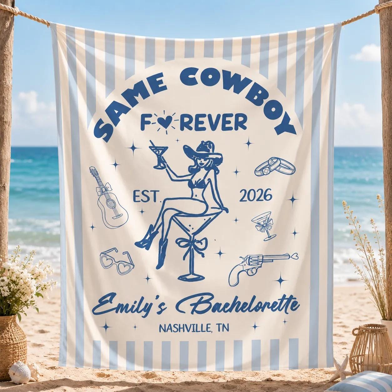 Custom Same Cowboy Forever Silk Banner with Retro Western Art, Personalized Bride's Name, Bachelorette Party Decor for Last Rodeo