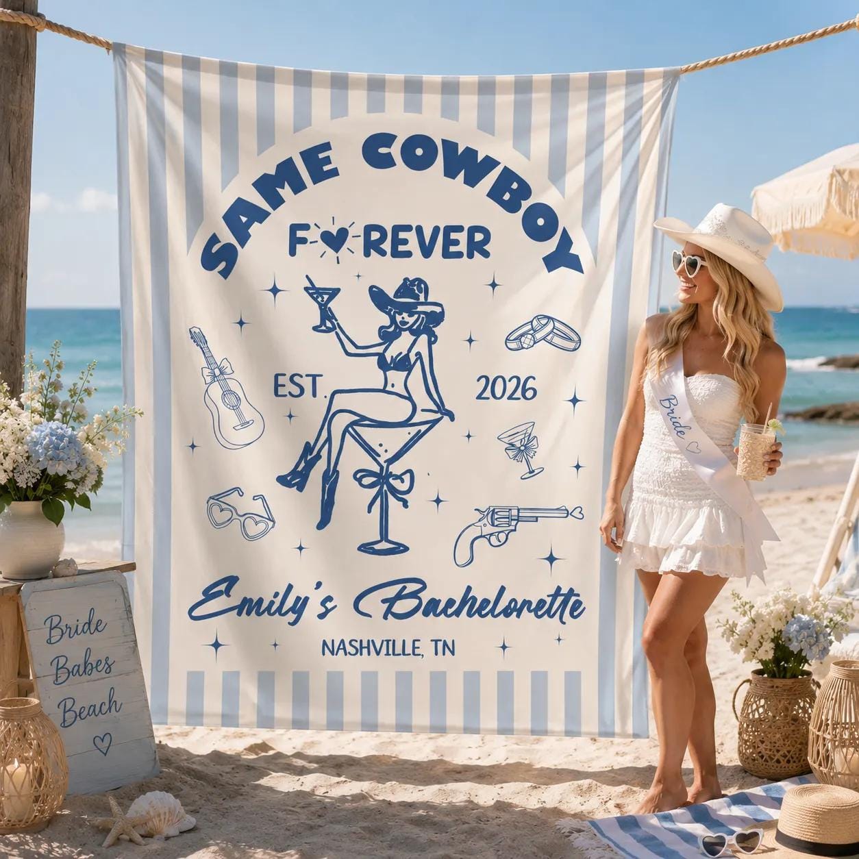 Custom Same Cowboy Forever Silk Banner with Retro Western Art, Personalized Bride's Name, Bachelorette Party Decor for Last Rodeo