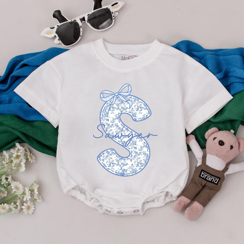 Custom Sawyer Name Baby Girl Romper with Chinoiserie Floral S Design Blue Bow Infant Birthday Bodysuit Soft Cotton Baby Shower Gift