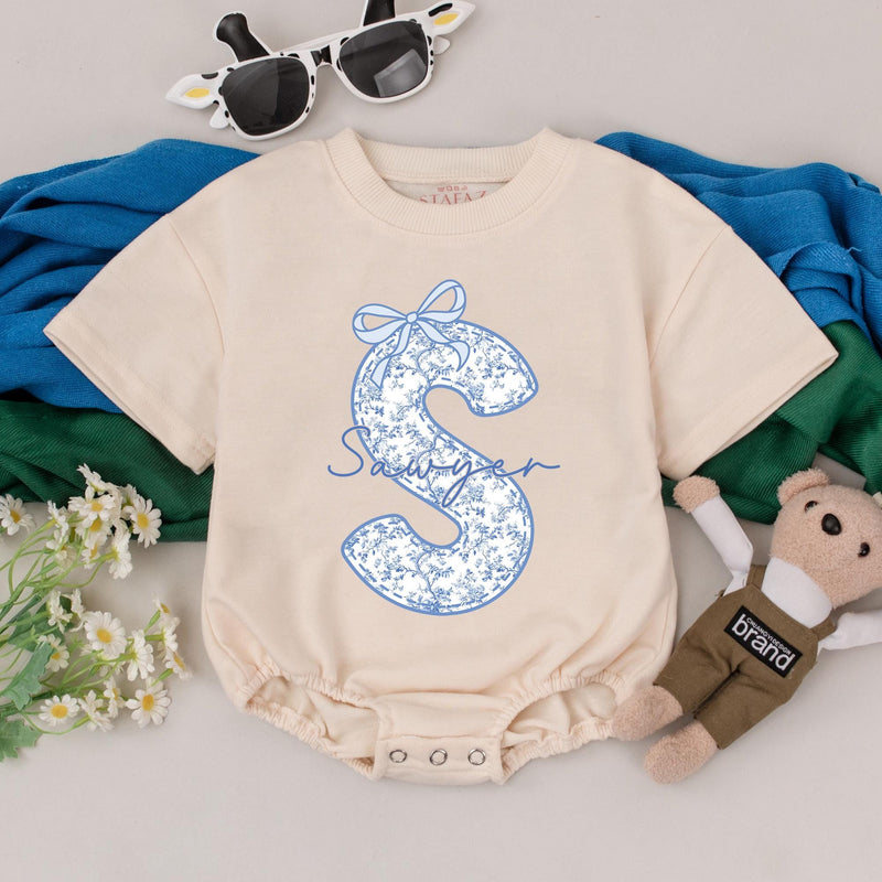 Custom Sawyer Name Baby Girl Romper with Chinoiserie Floral S Design Blue Bow Infant Birthday Bodysuit Soft Cotton Baby Shower Gift