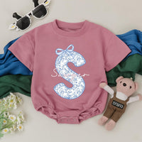 Custom Sawyer Name Baby Girl Romper with Chinoiserie Floral S Design Blue Bow Infant Birthday Bodysuit Soft Cotton Baby Shower Gift