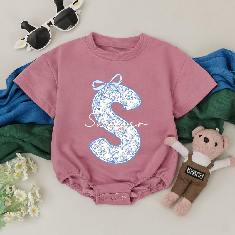 Custom Sawyer Name Baby Girl Romper with Chinoiserie Floral S Design Blue Bow Infant Birthday Bodysuit Soft Cotton Baby Shower Gift