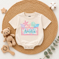 Custom Seashell Baby Girl Romper with Name, Soft Cotton Summer Beach Outfit for Newborns, Cake Smash Clothes, Matching Family Vacation Wear