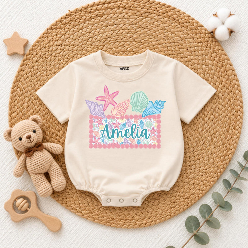 Custom Seashell Baby Girl Romper with Name, Soft Cotton Summer Beach Outfit for Newborns, Cake Smash Clothes, Matching Family Vacation Wear