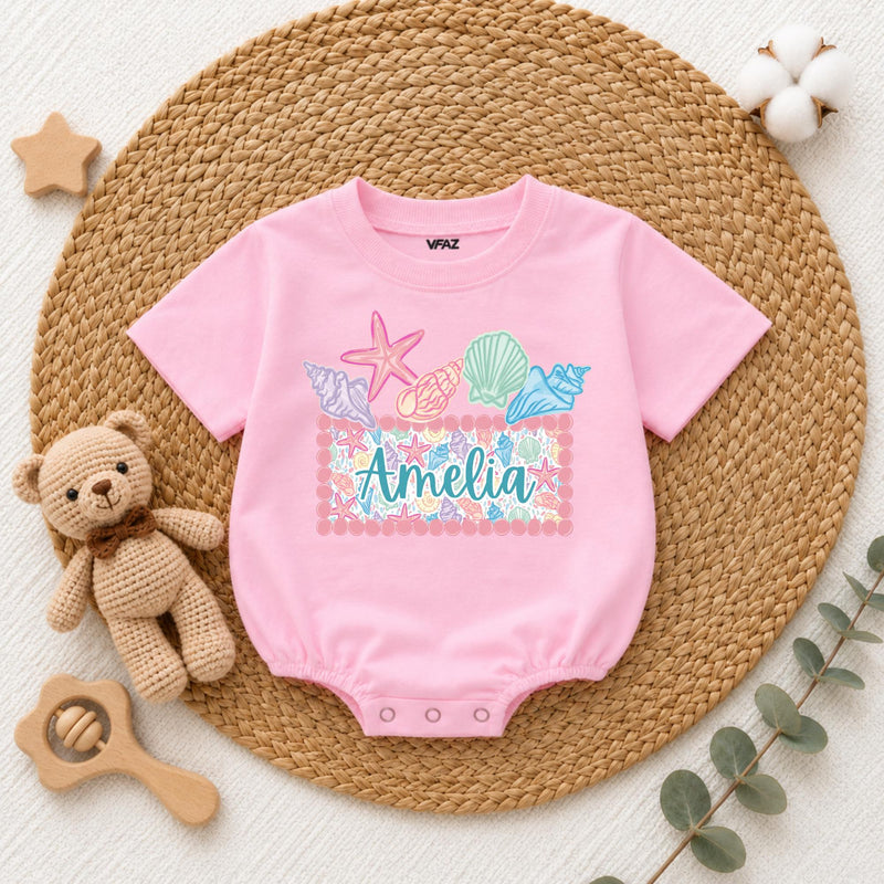 Custom Seashell Baby Girl Romper with Name, Soft Cotton Summer Beach Outfit for Newborns, Cake Smash Clothes, Matching Family Vacation Wear