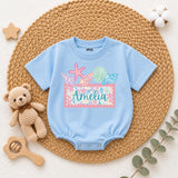 Custom Seashell Baby Girl Romper with Name, Soft Cotton Summer Beach Outfit for Newborns, Cake Smash Clothes, Matching Family Vacation Wear