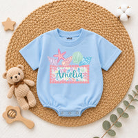 Custom Seashell Baby Girl Romper with Name, Soft Cotton Summer Beach Outfit for Newborns, Cake Smash Clothes, Matching Family Vacation Wear