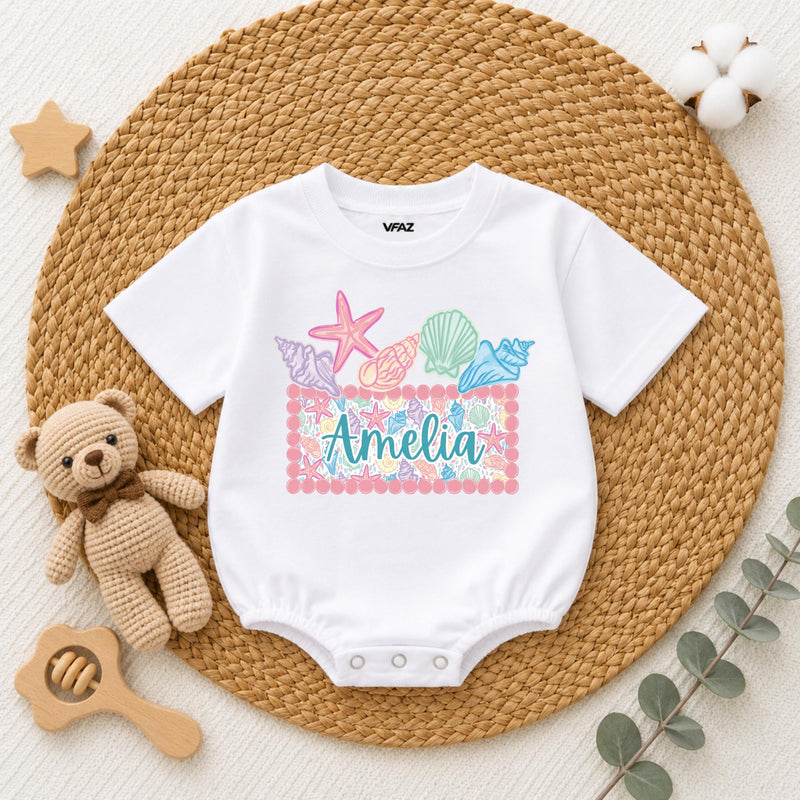 Custom Seashell Baby Girl Romper with Name, Soft Cotton Summer Beach Outfit for Newborns, Cake Smash Clothes, Matching Family Vacation Wear