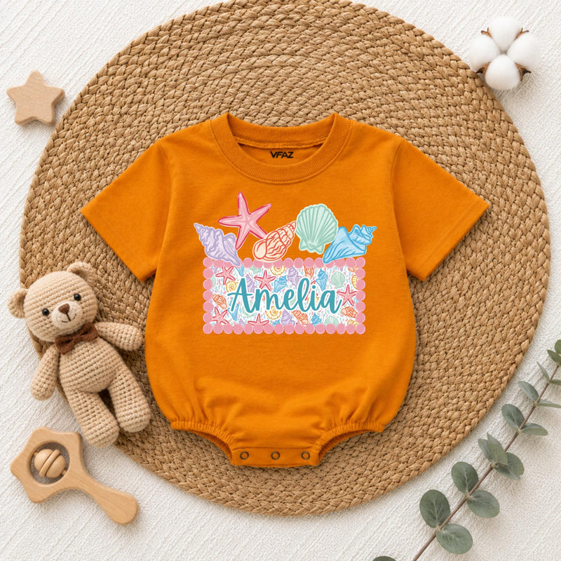 Custom Seashell Baby Girl Romper with Name, Soft Cotton Summer Beach Outfit for Newborns, Cake Smash Clothes, Matching Family Vacation Wear