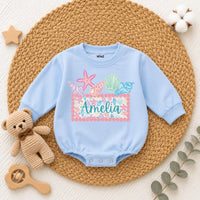 Custom Seashell Baby Girl Romper with Name, Soft Cotton Summer Beach Outfit for Newborns, Cake Smash Clothes, Matching Family Vacation Wear