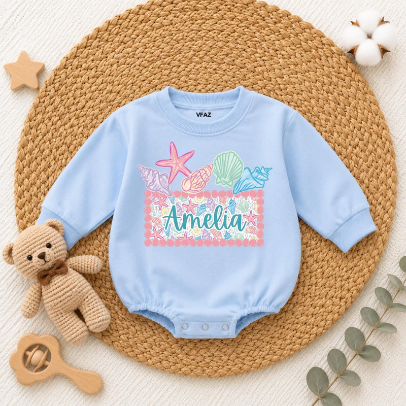 Custom Seashell Baby Girl Romper with Name, Soft Cotton Summer Beach Outfit for Newborns, Cake Smash Clothes, Matching Family Vacation Wear