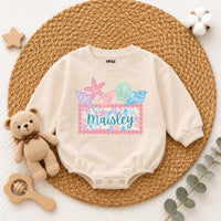 Custom Seashell Baby Girl Romper with Name, Soft Cotton Summer Beach Outfit for Newborns, Cake Smash Clothes, Matching Family Vacation Wear