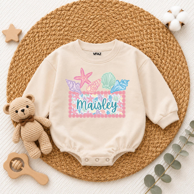 Custom Seashell Baby Girl Romper with Name, Soft Cotton Summer Beach Outfit for Newborns, Cake Smash Clothes, Matching Family Vacation Wear