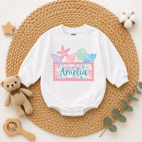 Custom Seashell Baby Girl Romper with Name, Soft Cotton Summer Beach Outfit for Newborns, Cake Smash Clothes, Matching Family Vacation Wear