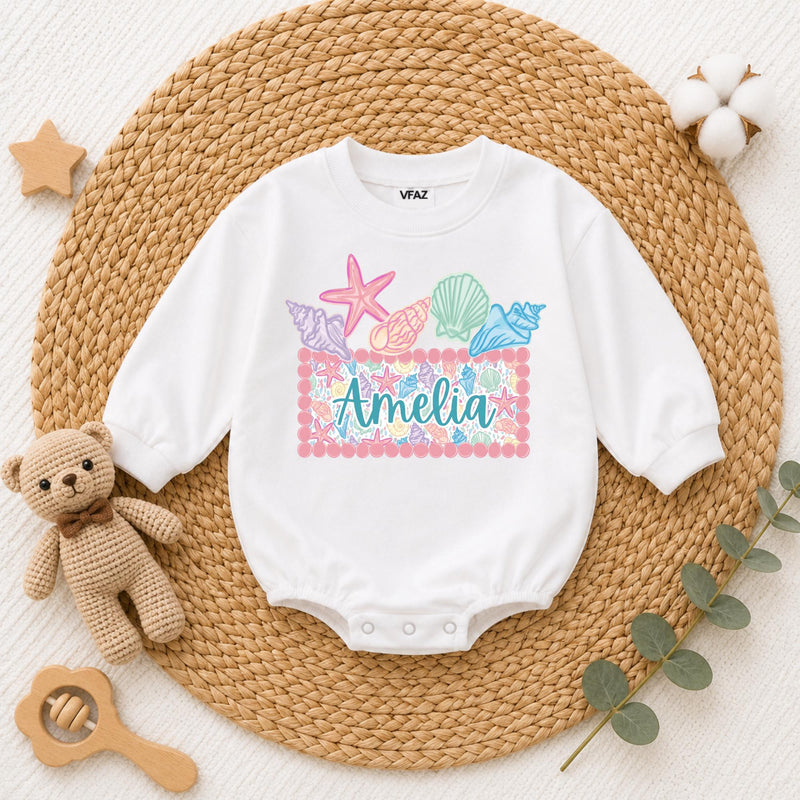 Custom Seashell Baby Girl Romper with Name, Soft Cotton Summer Beach Outfit for Newborns, Cake Smash Clothes, Matching Family Vacation Wear