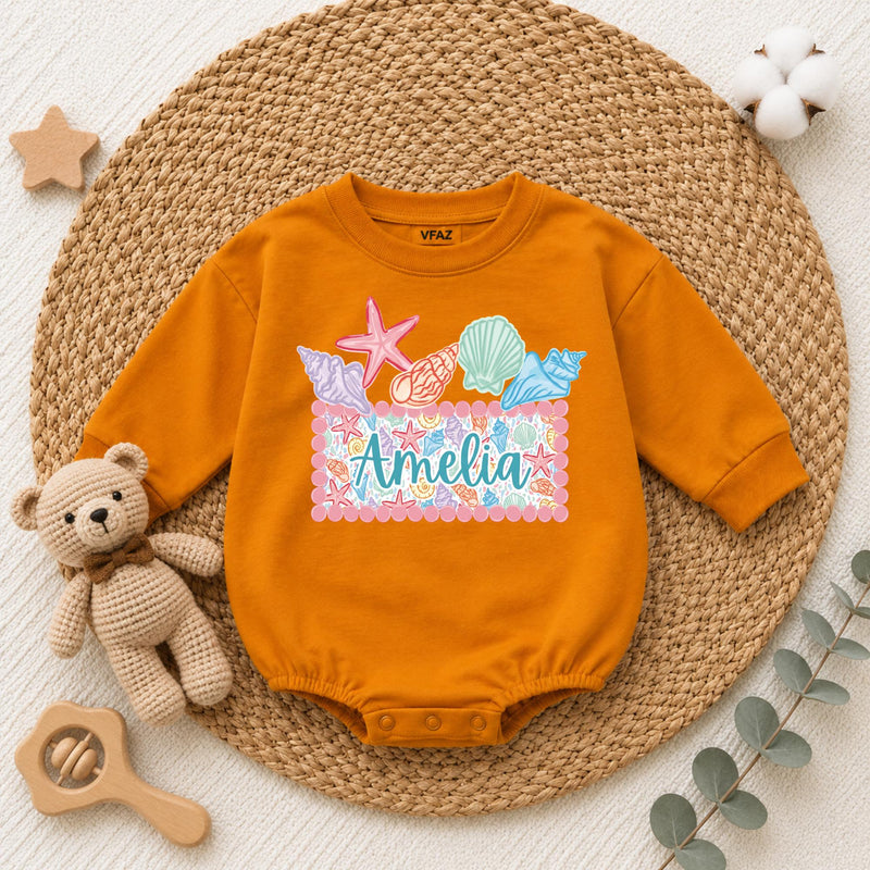 Custom Seashell Baby Girl Romper with Name, Soft Cotton Summer Beach Outfit for Newborns, Cake Smash Clothes, Matching Family Vacation Wear