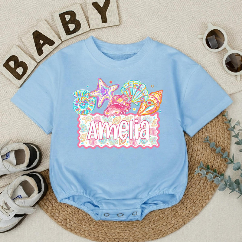 Custom Seashell Baby Romper with Starfish Artwork, Soft Cotton Summer Outfit for Baby Girls, Personalized Beach Baby Shower Gift
