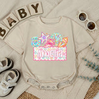 Custom Seashell Baby Romper with Starfish Artwork, Soft Cotton Summer Outfit for Baby Girls, Personalized Beach Baby Shower Gift