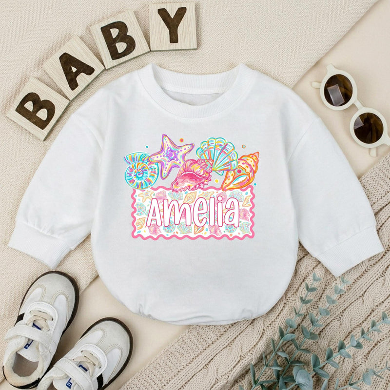 Custom Seashell Baby Romper with Starfish Artwork, Soft Cotton Summer Outfit for Baby Girls, Personalized Beach Baby Shower Gift