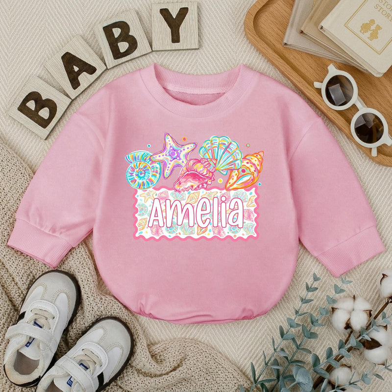 Custom Seashell Baby Romper with Starfish Artwork, Soft Cotton Summer Outfit for Baby Girls, Personalized Beach Baby Shower Gift