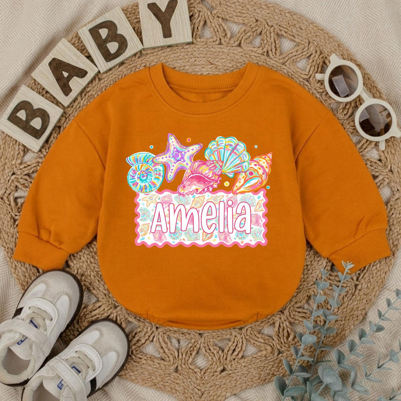 Custom Seashell Baby Romper with Starfish Artwork, Soft Cotton Summer Outfit for Baby Girls, Personalized Beach Baby Shower Gift