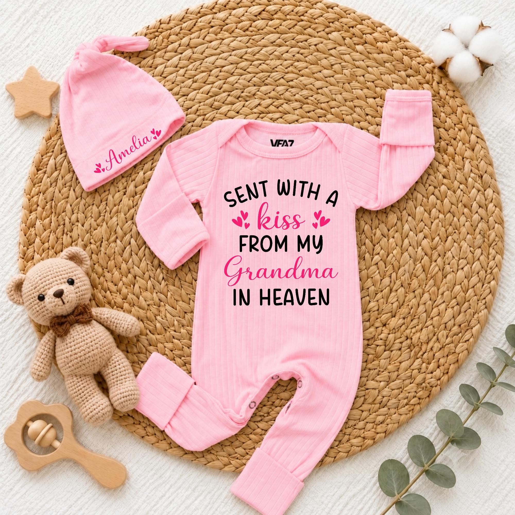Custom Sent With A Kiss From My Grandma in Heaven Baby Bodysuit and Hat Set, Soft Cotton Coming Home Outfit for Newborns and Infants