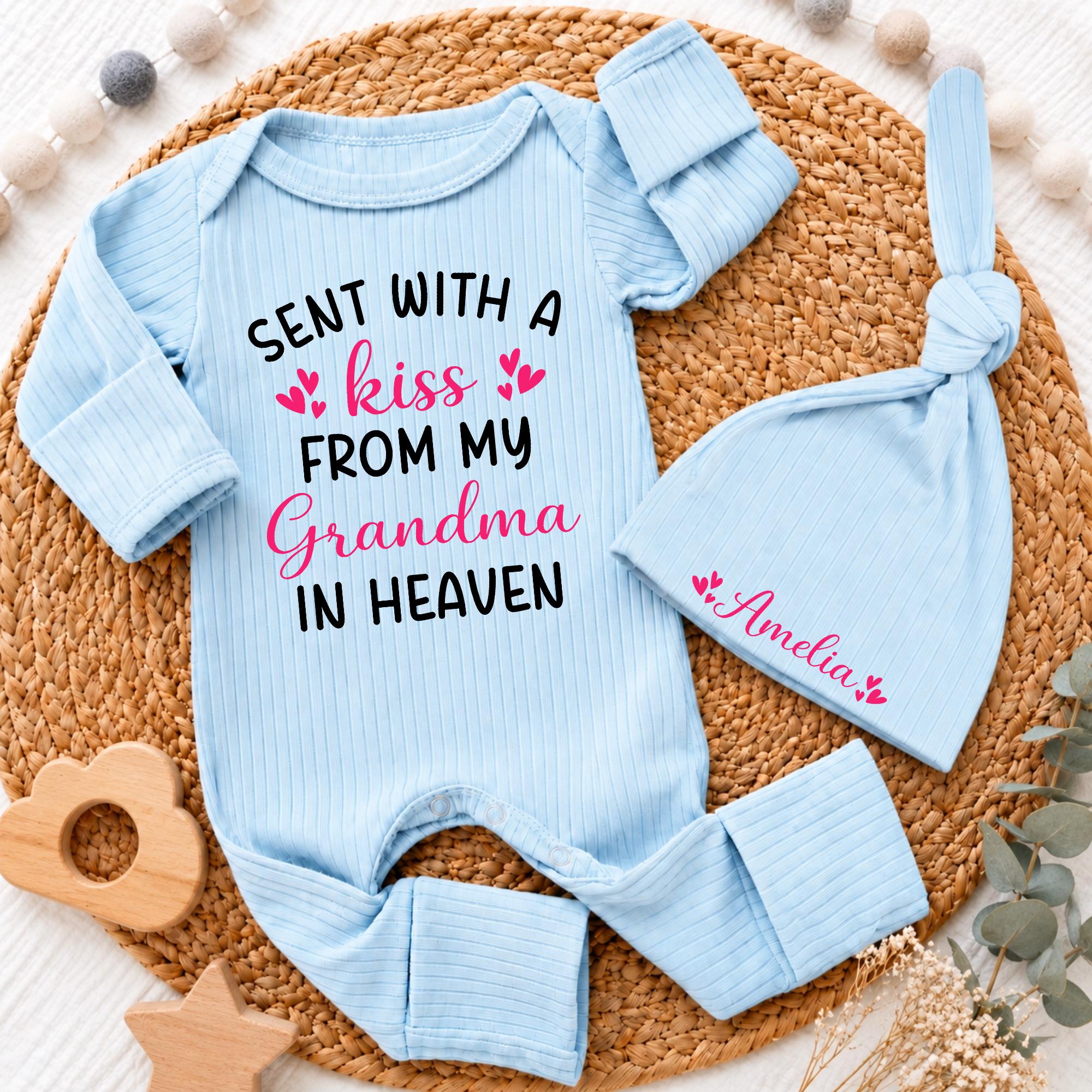 Custom Sent With A Kiss From My Grandma in Heaven Baby Bodysuit and Hat Set, Soft Cotton Coming Home Outfit for Newborns and Infants
