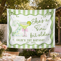 Custom She's a Tini Bit Older Birthday Banner with Martini Design, Personalized 21st Party Backdrop Sage Green Floral Theme Décor