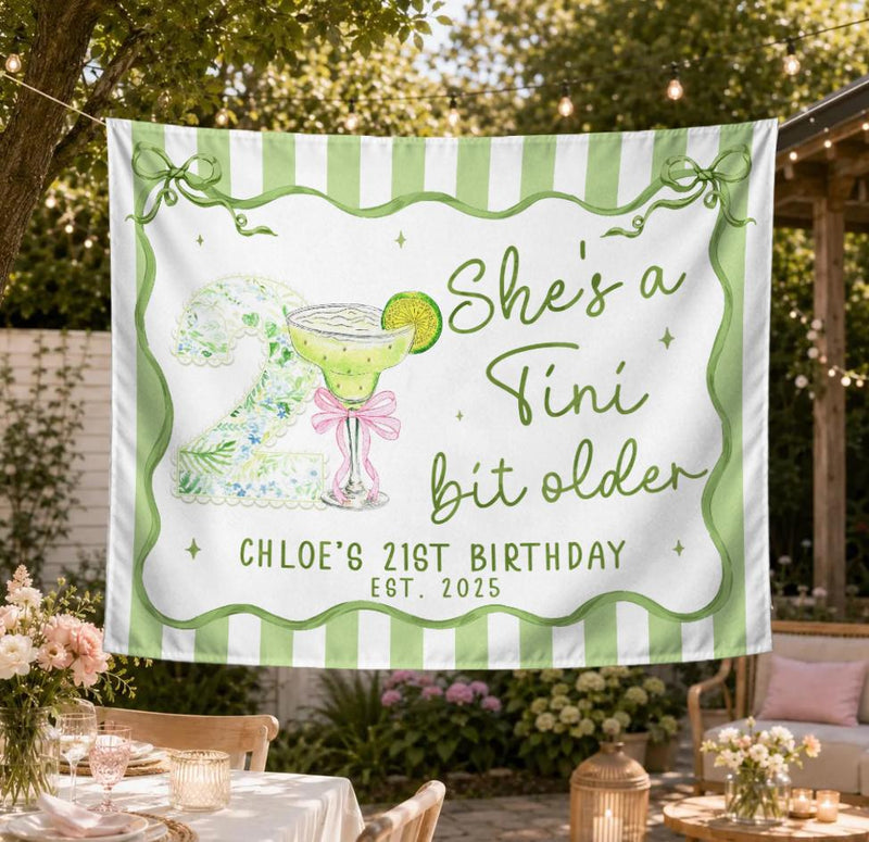 Custom She's a Tini Bit Older Birthday Banner with Martini Design, Personalized 21st Party Backdrop Sage Green Floral Theme Décor