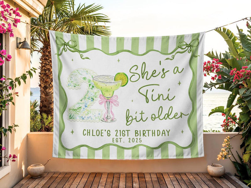 Custom She's a Tini Bit Older Birthday Banner with Martini Design, Personalized 21st Party Backdrop Sage Green Floral Theme Décor